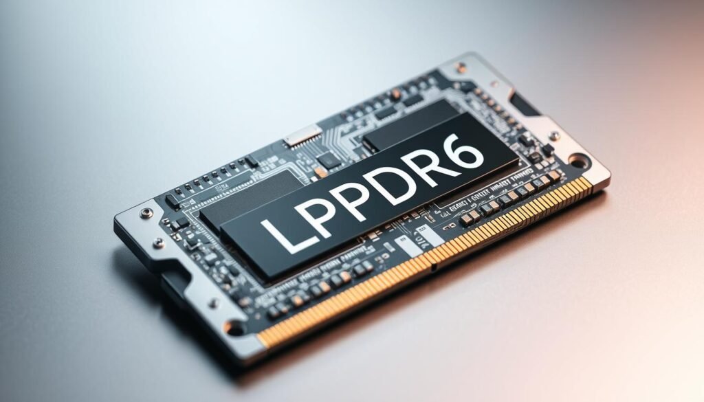 A detailed close-up of a compact RAM module with the label "LPDDR6" prominently displayed. The module's sleek metallic casing reflects the light, creating a sense of modern, high-tech elegance. Intricate circuit patterns and microscopic components are visible, conveying the advanced engineering behind this energy-efficient memory technology. The background is a muted, gradient-based color palette, allowing the RAM module to be the central focus. Crisp, high-resolution rendering with subtle depth-of-field blur to emphasize the subject. The overall mood is one of precision, innovation, and the cutting edge of mobile computing power.