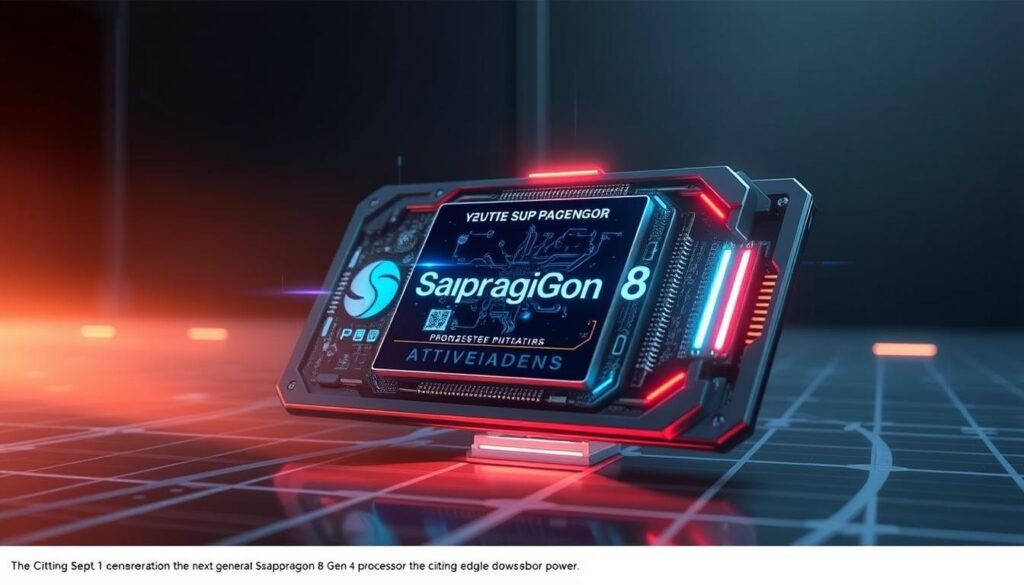 A high-tech, futuristic illustration of the next-generation Snapdragon 8 Gen 4 processor. The scene depicts a sleek, metallic device with intricate circuitry and a vibrant, holographic display showcasing the advanced AI capabilities. The lighting is a combination of warm, diffused ambient light and sharp, directional highlights that emphasize the processor's intricate design details. The background is a minimalist, industrial-inspired setting, with a subtle grid pattern and a sense of depth, hinting at the processor's integration into a larger technological ecosystem. The overall mood is one of innovation, power, and the cutting edge of mobile performance.