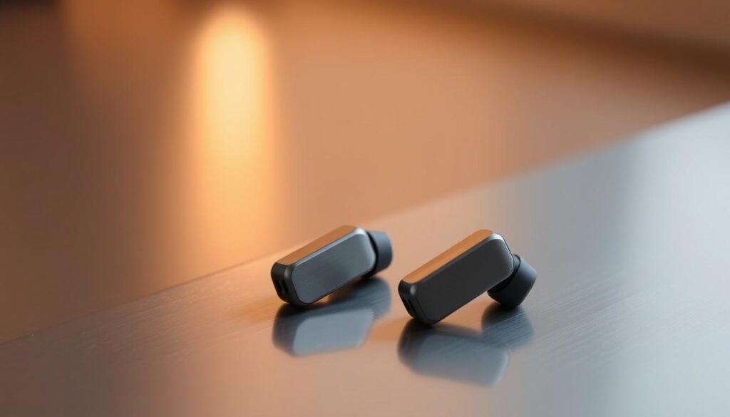 A pair of wireless earbuds from the Shokz OpenFit series, resting on a sleek, metallic surface. The earbuds are showcased in a well-lit, minimalist setting, with a subtle, warm glow highlighting their contours and brushed aluminum finish. The scene conveys a sense of modern sophistication and effortless connectivity, reflecting the seamless integration of audio technology into the user's everyday multitasking ecosystem.