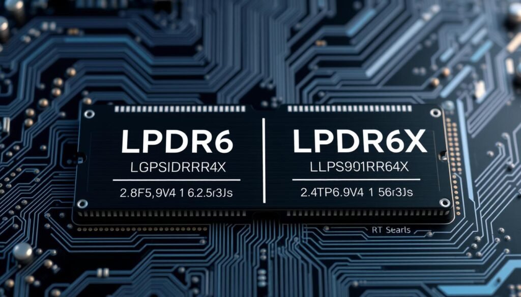 A technologically advanced circuit board, showcasing the intricacies of LPDDR6 and LPDDR6X memory standards. The foreground features a clear, detailed comparison of the two, highlighting their key differences in data transfer rates, power efficiency, and performance capabilities. The middle ground presents a sleek, minimalist design with clean lines and subtle textures, emphasizing the advanced engineering behind these memory technologies. The background depicts a futuristic, high-tech environment, with subtle hints of luminescent patterns and layered geometric shapes, creating a sense of innovation and progress. The overall image conveys a visually striking and informative representation of the subject matter, suitable for accompanying the article's technical section.