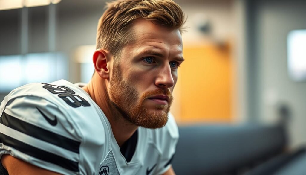 A close-up portrait of Mees Hilgers, a professional football player, sitting on a bench with a thoughtful expression on his face. The lighting is soft and warm, creating a contemplative atmosphere. The background is blurred, hinting at a training facility or medical setting. Hilgers' face is clearly visible, showcasing his features with detailed realism. His uniform is clean and well-worn, suggesting he has just completed a rehabilitation session. The overall composition conveys a sense of resilience and determination as Hilgers reflects on his journey to recovery from an ACL injury.