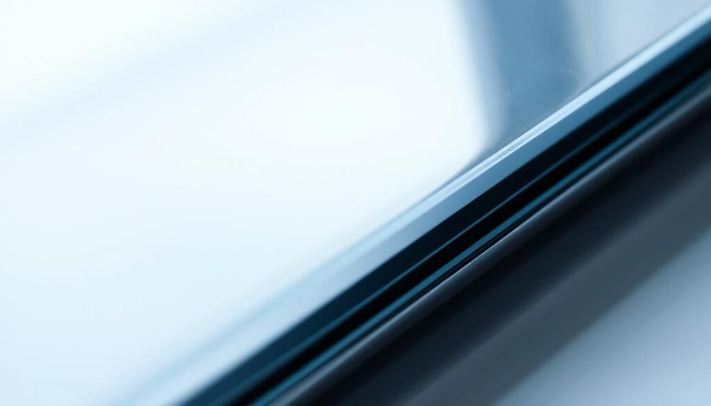 A close-up view of a high-tech display panel, showcasing the intricate layering and construction of a Samsung OLED display without a polarizer. The panel appears sleek and modern, with a glossy surface and a clean, minimalist aesthetic. The lighting is soft and diffused, highlighting the panel's delicate components and creating a sense of depth and dimensionality. The image conveys a sense of technical sophistication and innovation, reflecting the advancements in display technology that have enabled the development of foldable and high-brightness smartphone displays.