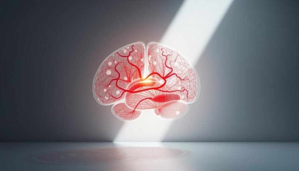 A detailed, anatomical cross-section of the Brainnetome Atlas, a comprehensive map of the human brain's intricate connectivity. Rendered in a clean, scientific style with muted tones. The atlas is depicted as a translucent, layered visualization, revealing the complex network of neural pathways and regional interactions. Subtle lighting casts shadows that accentuate the depth and structure, creating a sense of depth and three-dimensionality. The composition is balanced, with the atlas occupying the central focus, surrounded by a minimalist, laboratory-like environment. An air of precision and professionalism pervades the scene, befitting the clinical nature of the subject matter.