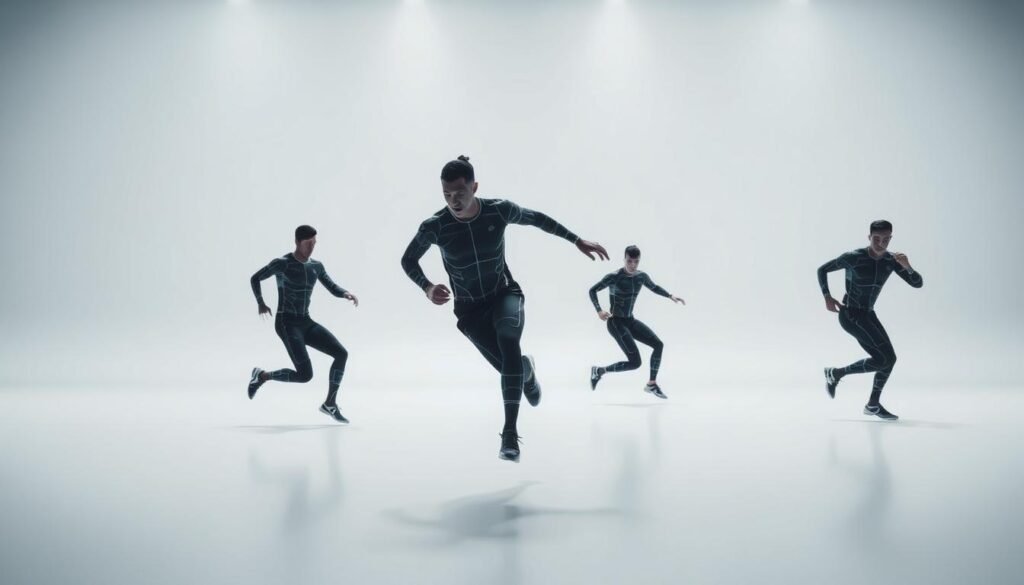 A dynamic, high-tech visualization of players in motion, captured with precision. A clean, well-lit scene showcases the intricacies of movement, with sensors tracking their positions and trajectories in real-time. Sleek, form-fitting sportswear adorns the figures, highlighting the advanced materials and engineering. The background is a stark, minimalist setting, allowing the data-driven movements to take center stage. Crisp shadows and highlights accentuate the players' agility and control, conveying the power of AI-driven performance analysis. An immersive, data-driven perspective that reveals the cutting edge of sports technology.