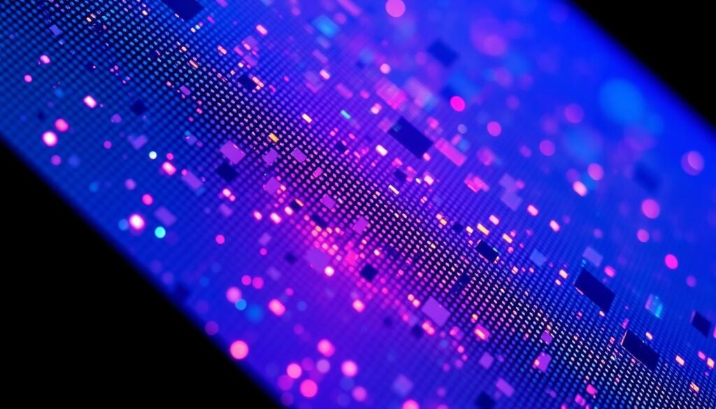 A high-contrast close-up view of an OLED display panel, showcasing its intricate layered structure. The panel's surface is devoid of any visible polarizer, highlighting its pure, unobstructed OLED elements. The screen emits a vibrant, luminous glow, with individual pixels shimmering with intense, saturated colors. The lighting is carefully balanced, casting subtle shadows that accentuate the panel's depth and three-dimensional qualities. The overall impression conveys the panel's advanced, sophisticated design, ready to deliver an exceptional visual experience for a cutting-edge smartphone display.