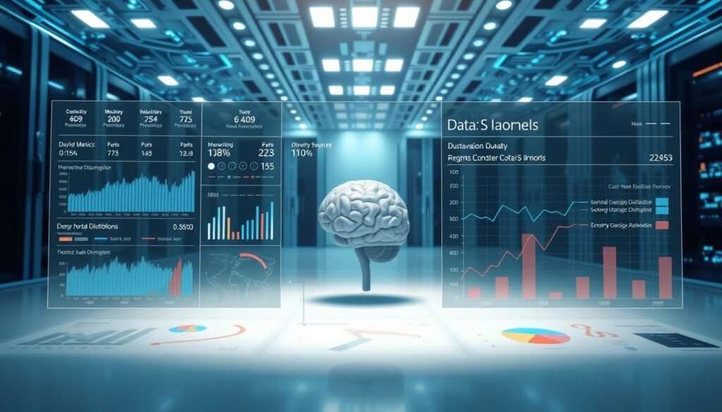 A meticulously designed data visualization dashboard showcasing the diverse sources, quality metrics, and representative data distributions underlying an advanced AI model. The foreground features a clean, minimalist interface with interactive graphs and charts, conveying a sense of analytical rigor and transparency. The middle ground presents a 3D model of a human brain, symbolizing the model's deep neural network architecture and its applications in neurological health. The background depicts a serene, technology-infused landscape with sleek data centers and complex data flows, all bathed in a cool, futuristic color palette that evokes a sense of cutting-edge scientific innovation. Lighting is soft and diffused, creating depth and emphasizing the clarity of the data visualization elements. The overall composition strikes a balance between analytical precision and aesthetic appeal, reflecting the robust foundations that enable accurate, trustworthy AI predictions.