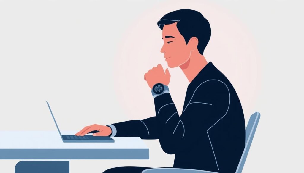 A minimalist, modern illustration of a person wearing a smartwatch performing an EEG screening. The watch features a holographic display showing brain wave data. The person is seated at a sleek, minimalist desk, with a clean and simple background. Soft, directional lighting highlights the watch and the person's face, creating a sense of focus and attention. The overall aesthetic is high-tech, clinical, and efficient, reflecting the speed and simplicity of the "2-minute screening" described in the section title.