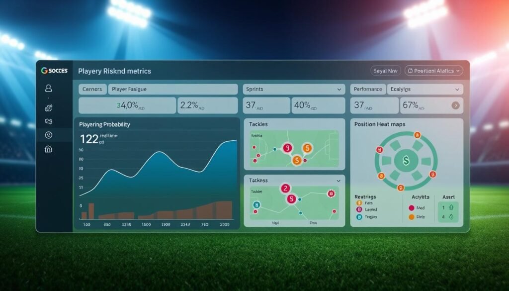 A modern, clean dashboard display showcasing key soccer injury risk metrics. The interface features sleek, minimalist design with clear data visualizations. In the foreground, an intuitive graph tracks player fatigue levels and injury probability in real-time. The middle ground displays performance analytics like sprints, tackles, and position heat maps. The background has a subtle textured pattern evoking a stadium floodlight effect, setting a professional, high-tech atmosphere. The overall impression is one of an advanced, data-driven coaching tool that empowers informed decisions during match day.