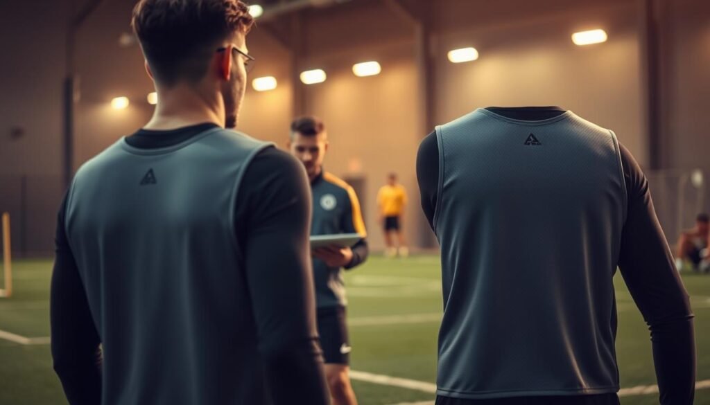 A modern football training facility, dimly lit with warm tones. In the foreground, a player wearing a sleek, gray training vest equipped with discreet sensor modules. The sensors seamlessly integrated into the fabric, collecting vital data as the player moves through a series of drills on the pitch. In the middle ground, a coach stands nearby, tablet in hand, monitoring the real-time analytics displayed on the screen. The background showcases the team's state-of-the-art training equipment and facilities, hinting at the advanced technology powering this cutting-edge approach to injury prevention and player optimization.