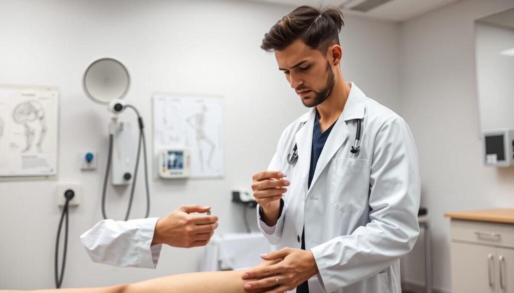 A physiotherapist in a clinical setting, wearing a white coat and standing in a well-lit examination room. The physiotherapist is examining a patient's leg, using various tools and equipment to assess and treat the injury. The room is clean and modern, with medical equipment and diagrams on the walls. The physiotherapist's expression is one of focused concentration, conveying a sense of expertise and care. The overall mood is professional and reassuring, reflecting the importance of physiotherapy in the treatment of injuries.