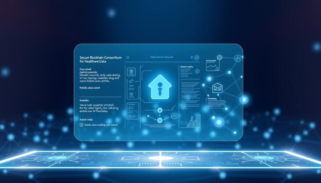 A secure blockchain consortium network for healthcare data, with an elegant holographic interface showcasing encrypted patient records, seamless data sharing, and robust access controls. The scene is bathed in a soft, ambient glow, with a sleek, minimalist design that exudes trust and professionalism. The foreground features a transparent display panel, revealing intricate data visualizations and authorization protocols. The middle ground depicts interconnected nodes, symbolizing the collaborative nature of the consortium. The background subtly hints at the advanced cryptography and distributed ledger technology powering the system, creating an aura of technological sophistication and data privacy.