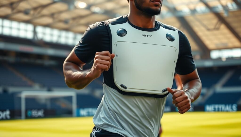 A sports performance sensor vest worn by a professional soccer player, capturing real-time biometric data on the field. The vest features a clean, minimalist design with sleek sensor modules discretely integrated, giving it a high-tech, futuristic aesthetic. The player is in a dynamic running pose, showcased against a blurred stadium background, conveying a sense of intense training and data-driven athletic performance. Bright, natural lighting illuminates the scene, creating defined shadows and highlights that accentuate the vest's form and textures. The overall image communicates the revolutionary potential of wearable sensor technology to transform sports medicine and injury prevention.