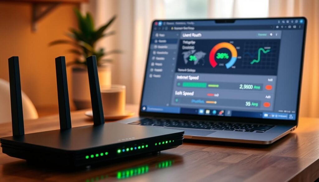 A modern home workspace featuring a sleek router on a wooden desk, showcasing its optimal settings on a laptop screen. In the foreground, focus on the router with visible LED indicators glowing green, symbolizing strong connectivity. In the middle, a laptop displays a user-friendly interface depicting network optimization settings, with vibrant graphs indicating improved internet speed. The background includes a well-organized desk with a potted plant and a cup of coffee, complementing the tech theme. Soft, warm lighting enhances the cozy atmosphere, while a slight depth of field blurs the background, emphasizing the router and laptop. The overall mood is professional yet inviting, suggesting efficiency and comfort in a home office.