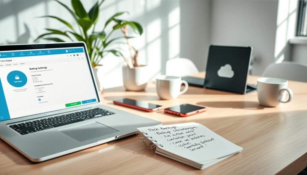 A modern office workspace featuring a clean desk setup focused on effective backup solutions. In the foreground, a sleek laptop is open with a visible backup software interface showing a progress bar and settings displayed. To the side, a notepad with handwritten tips on backup strategies lies next to a smartphone displaying a cloud storage app. In the middle ground, a potted plant adds a touch of greenery, and a coffee cup suggests a productive environment. The background features a window with natural light streaming in, casting soft shadows across the scene. The atmosphere is organized and professional, evoking a sense of clarity and focus, ideal for enhancing the concept of effective backup setups. Use bright, neutral colors to maintain a calm ambiance.