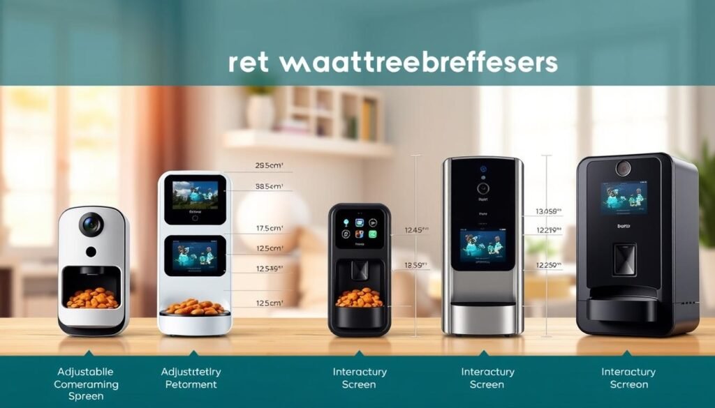 A professional comparison display of various pet camera treat dispensers, showcasing multiple models side by side. In the foreground, highlight three distinct camera treat dispensers with sleek, modern designs, each featuring their unique characteristics such as adjustable camera angles, treat compartments, and interactive screens. In the middle ground, include informative elements like measurement scales and product specifications. The background features a softly blurred home setting with natural light streaming through a window, creating a warm and inviting atmosphere. Use a soft focus lens effect for a polished look. Emphasize the innovation and technology of the products, conveying a sense of reliability and functionality. The overall mood should be informative and visually appealing, suitable for a professional article.