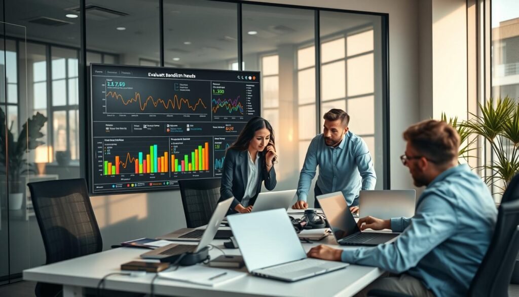 A professional office setting focused on evaluating internet bandwidth needs. In the foreground, a diverse group of three colleagues is discussing over a modern desk cluttered with laptops, digital devices, and data charts. The middle ground features a large wall-mounted screen displaying colorful graphs of bandwidth usage and internet performance metrics. The background showcases a sleek, contemporary office environment with glass walls and subtle indoor plants. Soft, natural lighting filters through a window, casting warm shadows that enhance the atmosphere of collaboration and focus. The overall mood is analytical and proactive, conveying a sense of urgency in optimizing internet capabilities without the necessity of upgrading service packages.