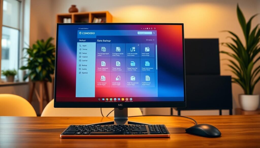 A sleek and modern computer setup showcasing the COMODO Backup software in action. In the foreground, a high-resolution computer screen displays a vibrant user interface with various backup options, including icons for multi-format backups. The middle layer features a stylish keyboard and mouse, suggesting an organized workspace. The background consists of a softly lit office environment, with hints of a bookshelf and plants, creating an inviting atmosphere. The lighting is warm and focused on the screen, enhancing the clarity of the software’s interface. The image captures a professional, efficient vibe, emphasizing reliability and modern technology in data backup solutions.