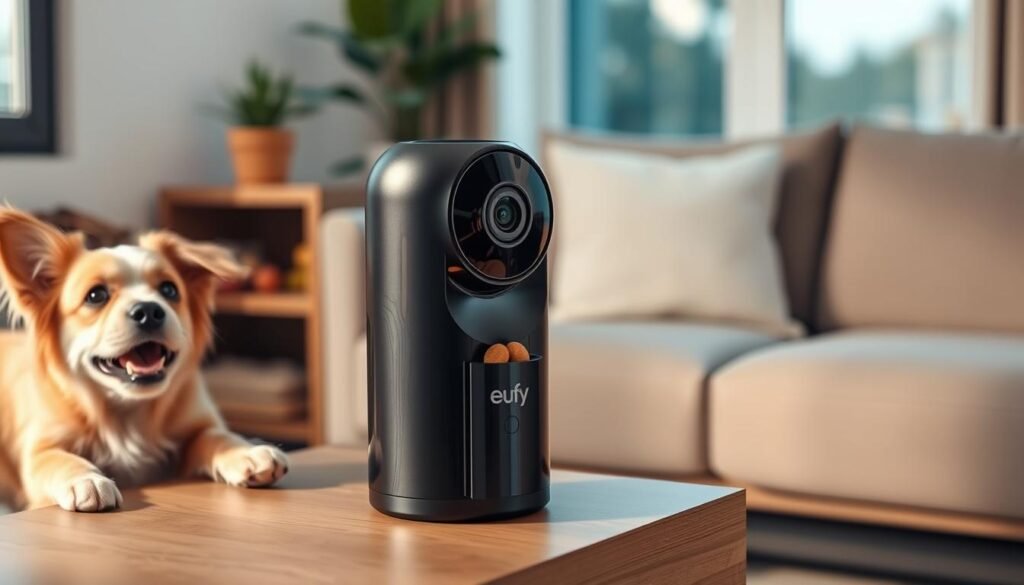A sleek eufy pet camera with a modern design prominently displayed in a cozy living room setting. The camera features a cylindrical shape, shiny black finish, and a lens that gleams under soft, warm lighting. In the foreground, a playful dog is joyfully interacting with a treat dispenser feature of the camera, illustrating its functionality. In the middle, the stylish camera is positioned on a wooden shelf adorned with pet toys and a potted plant, enhancing the homey feel. The background shows a blurred view of a comfortable sofa and a window with natural light streaming in, creating a relaxed atmosphere. The overall mood is inviting and pet-friendly, emphasizing the premium aspect of the eufy pet camera with local storage.
