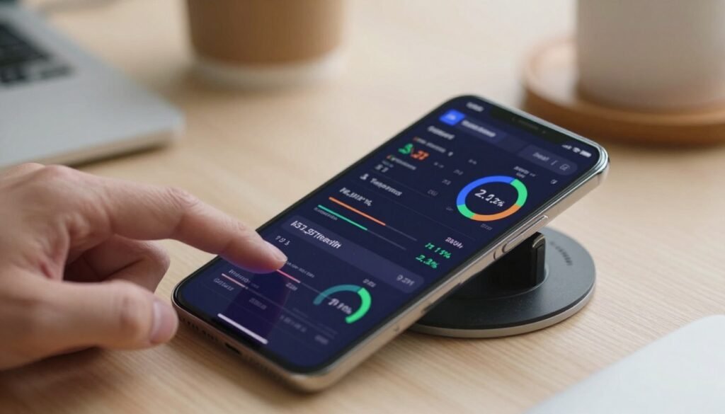 A detailed close-up image of a modern mid-range smartphone showcasing benchmark performance results on its vibrant display. The foreground features a sleek, contemporary phone with a high-resolution screen displaying graphical data and performance metrics, emphasizing speed and efficiency. In the middle, out-of-focus elements like a hand interacting with the device, conveying daily use, and a stylish, minimalist workspace background with soft, natural lighting. The atmosphere is professional and tech-savvy, with warm tones and crisp lines enhancing the overall aesthetic. Capture the essence of performance testing and everyday functionality while ensuring that no text or people are present in the image.