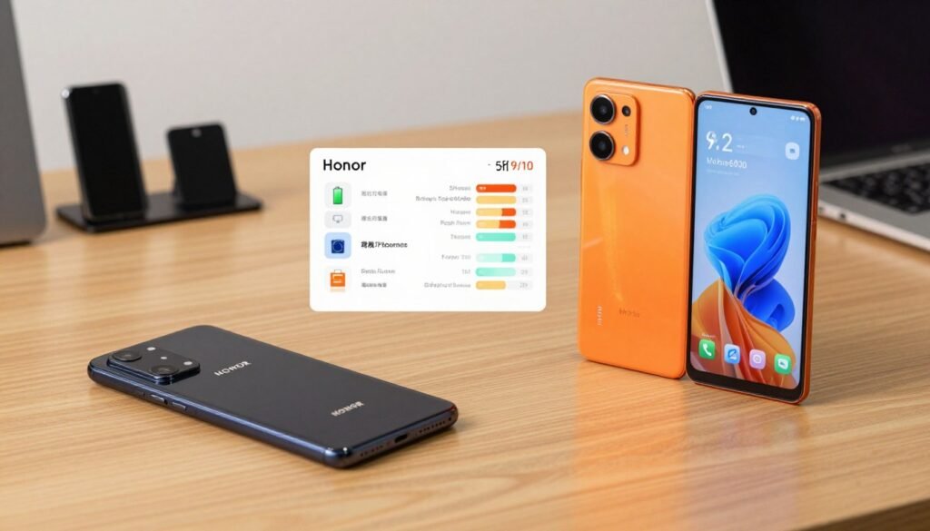 A detailed comparison of smartphones on a wooden table, featuring two mid-range models from Honor and Xiaomi side by side. The foreground showcases a sleek Honor smartphone in black, and a Xiaomi smartphone in orange, both with gleaming screens displaying their specifications. In the middle ground, an infographic contrasts price tags and value ratings, illustrated with icons representing features like battery life, camera quality, and performance. The background features soft, diffused lighting that highlights the smartphones, creating a professional and inviting atmosphere. The setting is minimalistic, with a subtle hint of technology—like blurred devices and a laptop in soft focus—conveying a sense of analysis and evaluation. The overall mood is analytical and informative, suitable for an article's detailed examination.