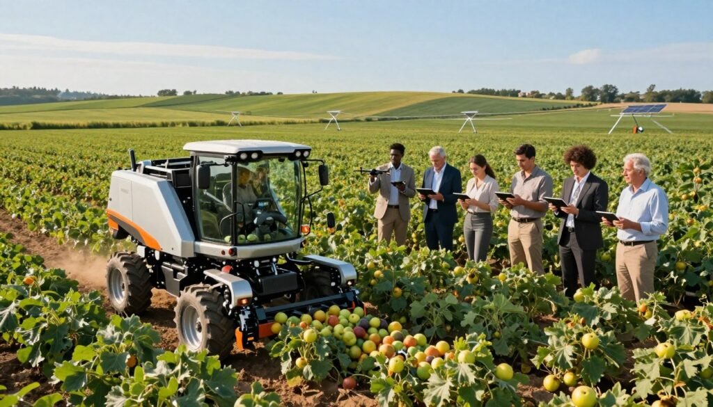 A vibrant agricultural landscape showcasing advanced automation technologies in farming. In the foreground, a sleek, robotic crop harvester efficiently collects ripe fruits, its metallic body gleaming under the warm sunlight. In the middle ground, a team of diverse farmers, dressed in professional business attire, monitors crops using handheld drones and tablet devices, emphasizing the blend of tradition and innovation. The background features rolling green fields, dotted with smart irrigation systems and solar panels generating energy, under a clear blue sky. The mood is optimistic and industrious, highlighting the transformative power of technology in sustainable agriculture. The lighting is bright and natural, enhancing the colors of the crops and machines, captured with a slightly elevated angle to showcase the vastness of the landscape.
